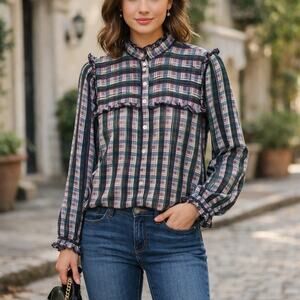 Jason Wu SZ 6 Striped Plaid Ruffle Blouse Cactus Rose Multi As Seen On TV $450
